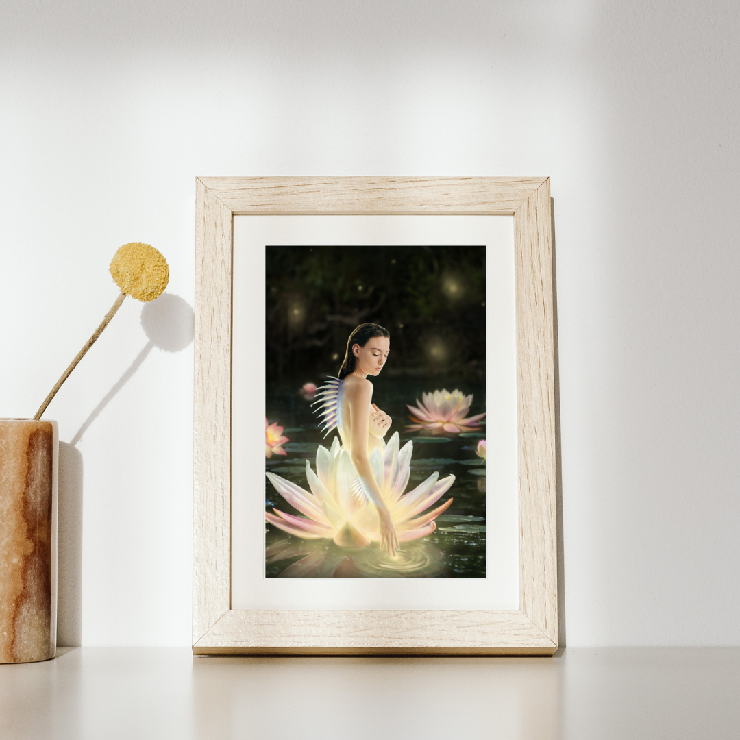 A siren with a sharp fin on her spine emerging from a lotus flower in a mystical pond.