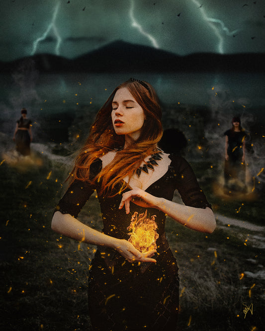 Woman holding a burning flame in her hands with a storm brewing behind her and two women burned at the stake in the background.