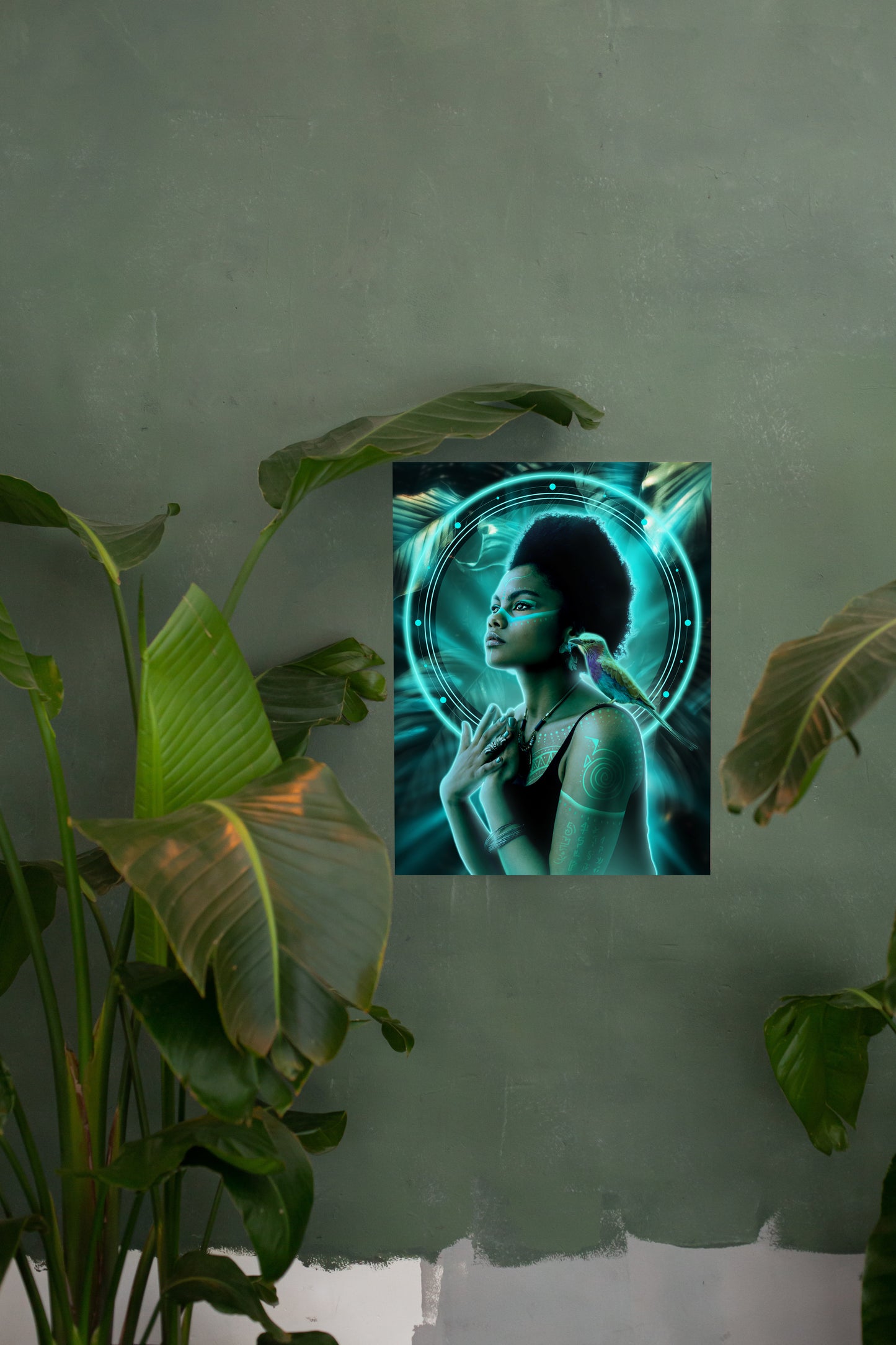 Shaman priestess in front of a portal with a lilac-breasted roller perched on her shoulder and light languages painted on her body.