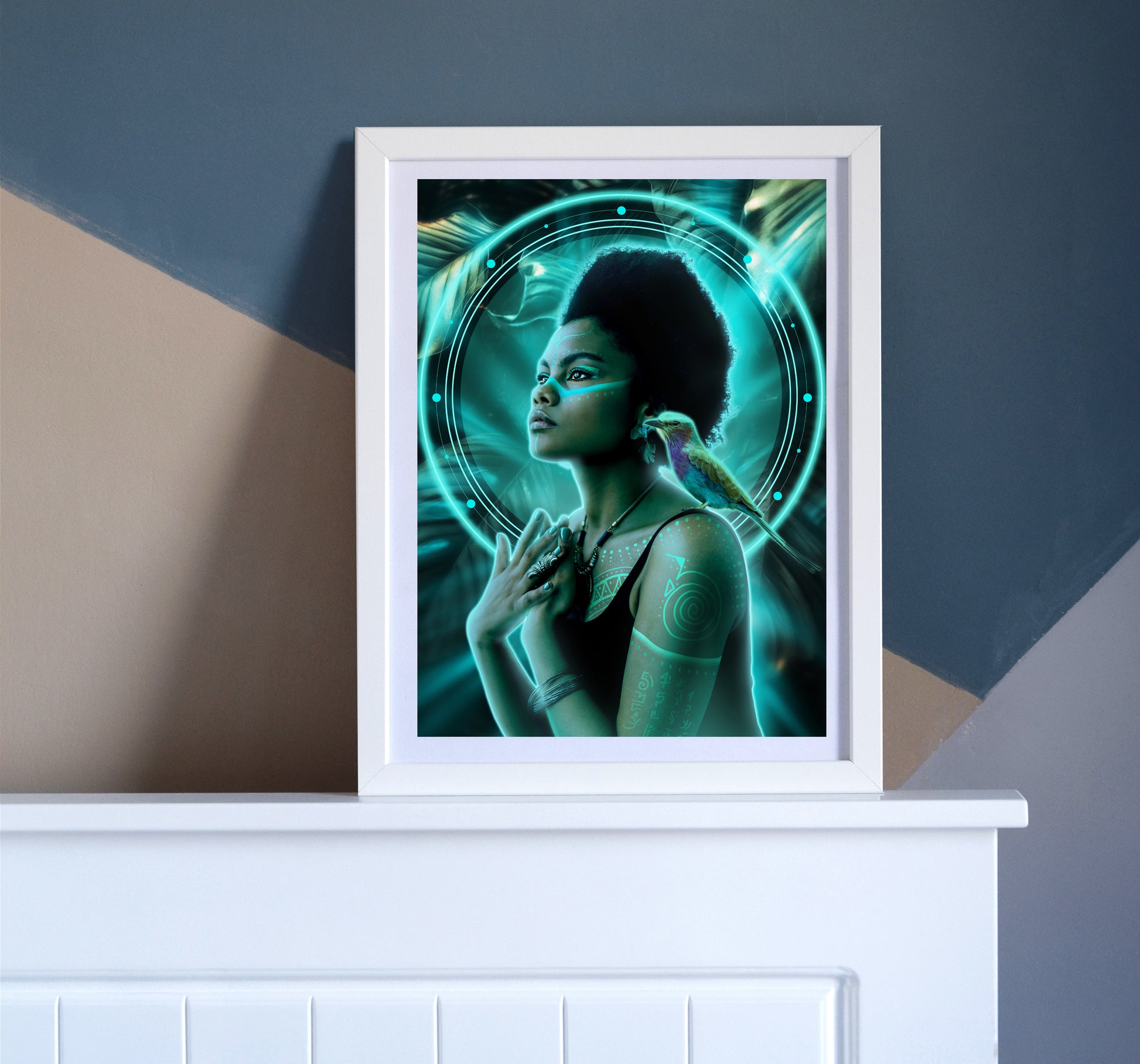Shaman priestess in front of a portal with a lilac-breasted roller perched on her shoulder and light languages painted on her body.