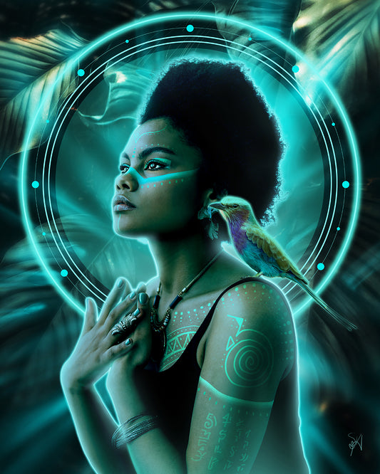 Shaman priestess in front of a portal with a lilac-breasted roller perched on her shoulder and light languages painted on her body.