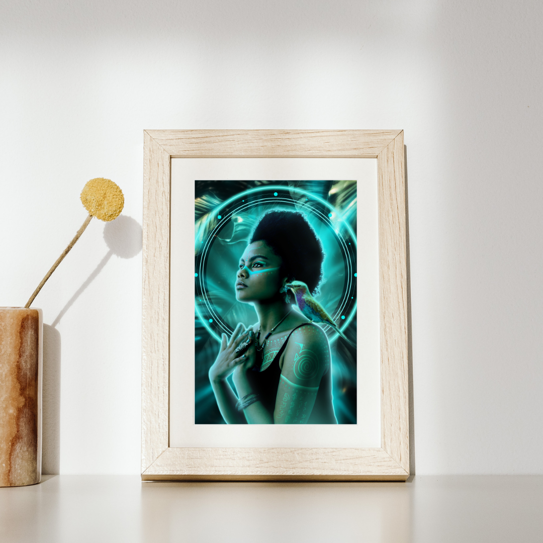 Shaman priestess in front of a portal with a lilac-breasted roller perched on her shoulder and light languages painted on her body.