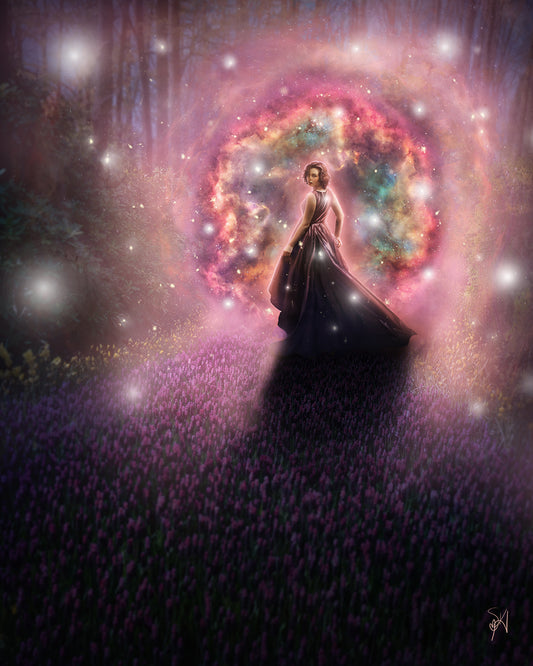 Woman in a purple dress standing in a mystical forest in front of a glowing, colorful portal.
